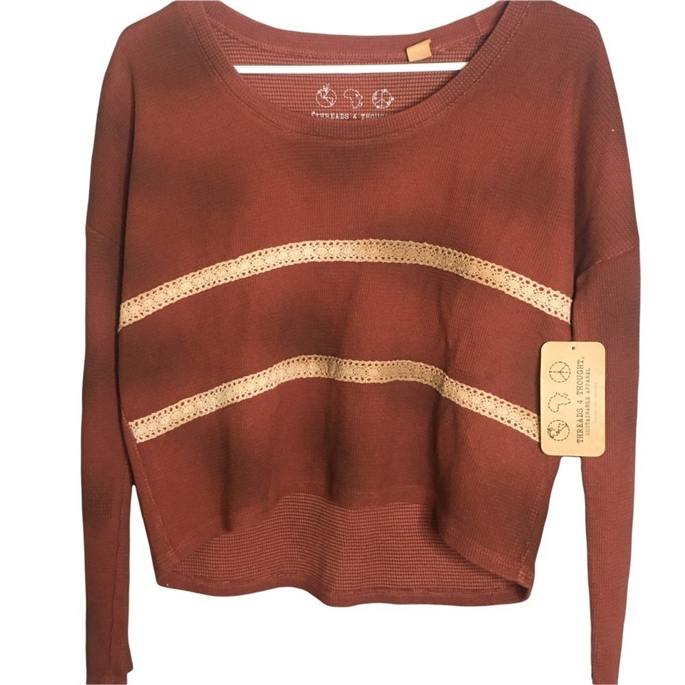 UO Out From Under rust waffle knit crop shirt lace detail small new